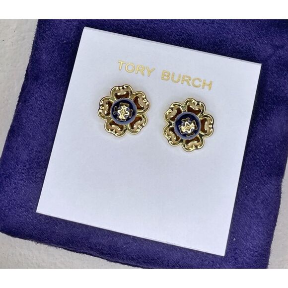 Tory Burch NEW 16k-gold plate blue faux pearl Katie Stud Earrings - Picture 1 of 13